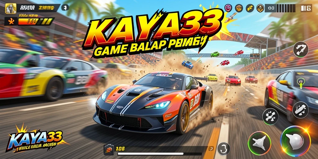 Screenshot utama KAYA33 menampilkan balapan seru dengan mobil kustom yang cepat.