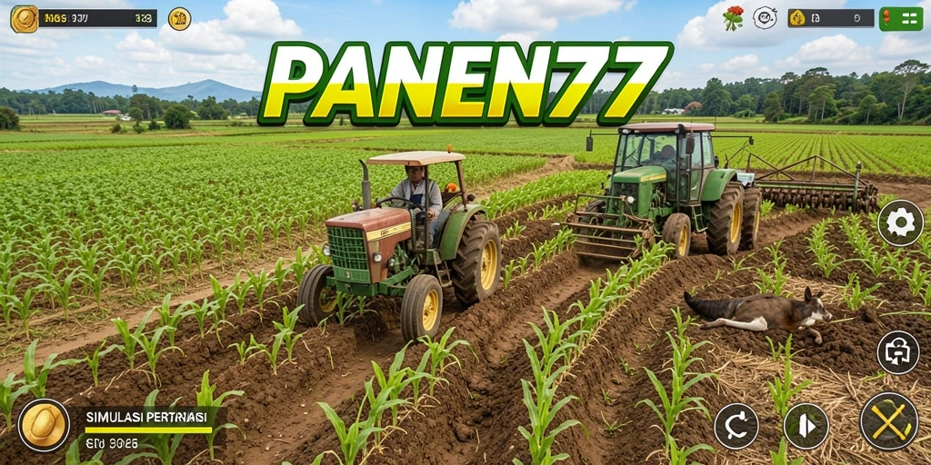 Tangkapan layar PANEN77 menampilkan aktivitas menyenangkan di ladang pertanian.