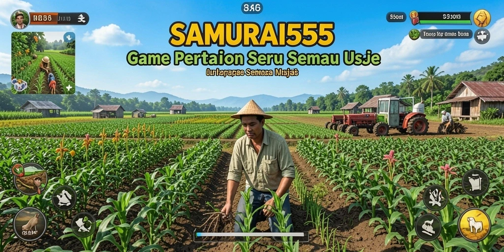Screenshot gameplay SAMURAI555 menampilkan ladang yang indah dan aktivitas bertani.