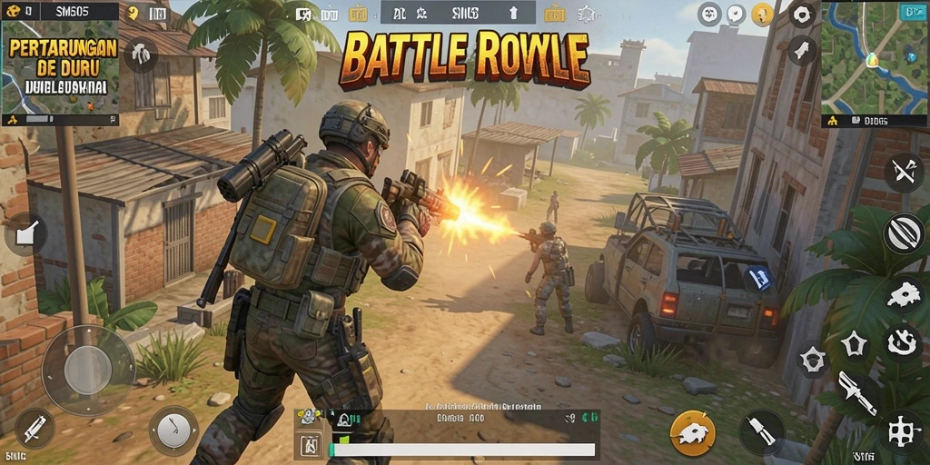 Tampilan gameplay SM605 dengan aksi Battle Royale mendebarkan.